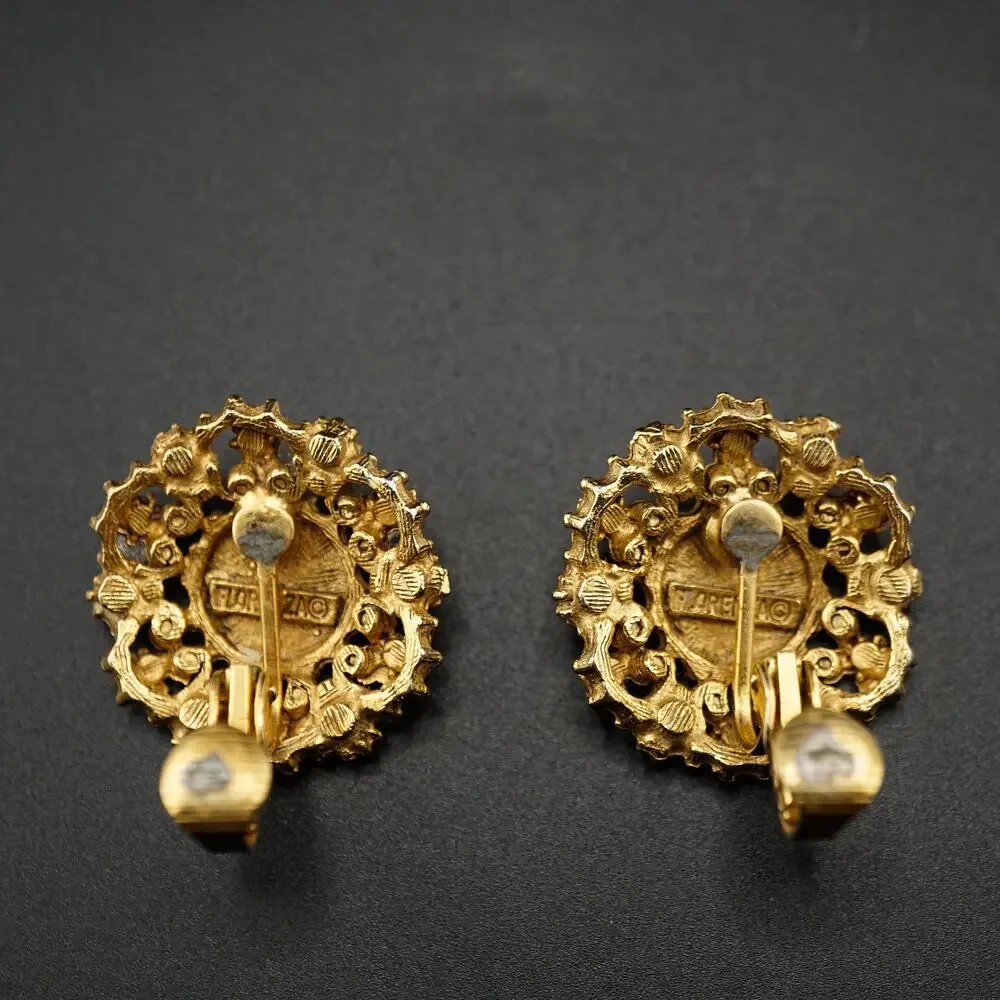 Vintage Florenza Demi Parue Brooch Earrings Green Cabochon Victorian Revival Set
